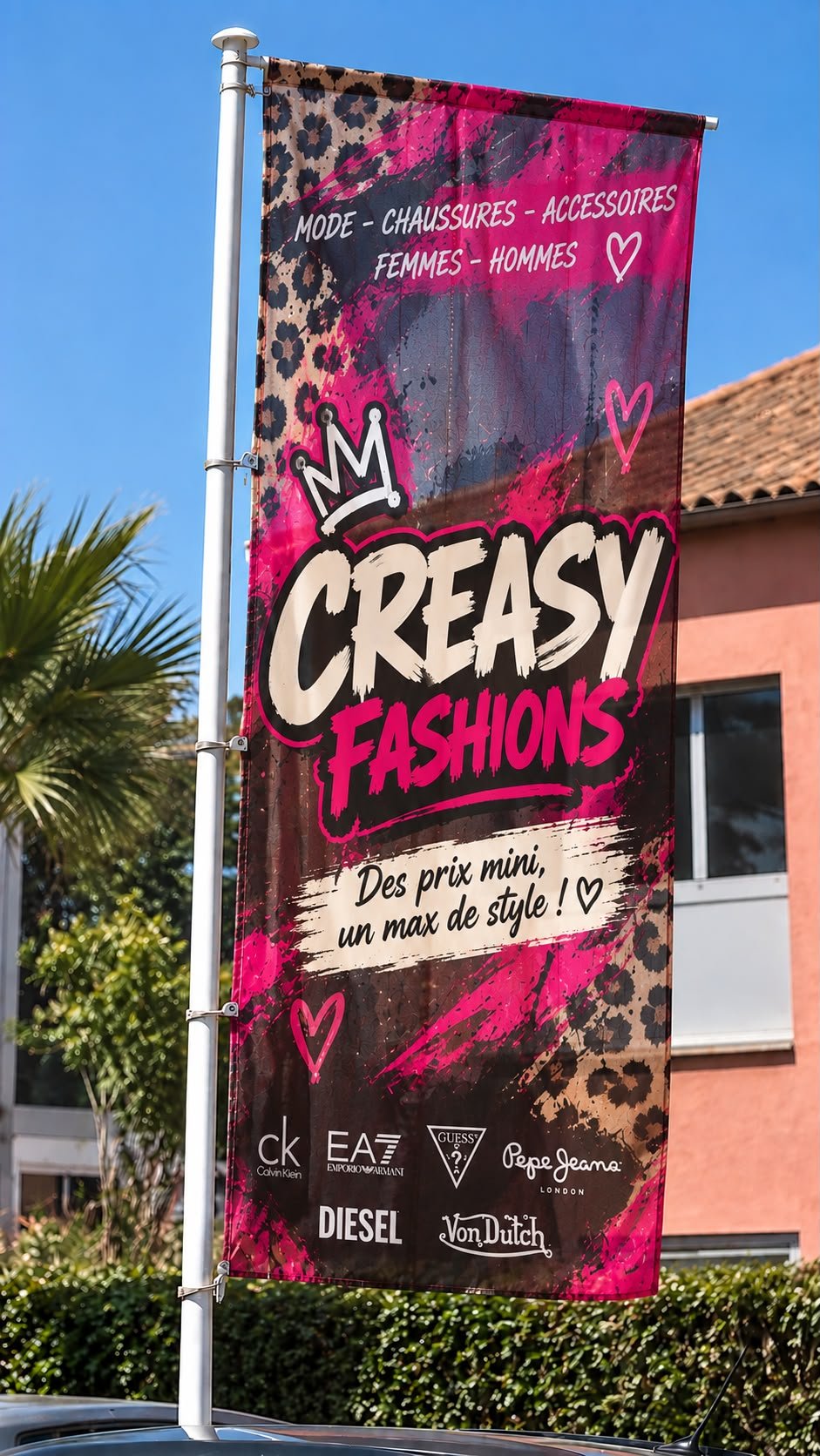 Creasy Fashions à La Crau : Drapeau imprimé sur mât devant le magasin