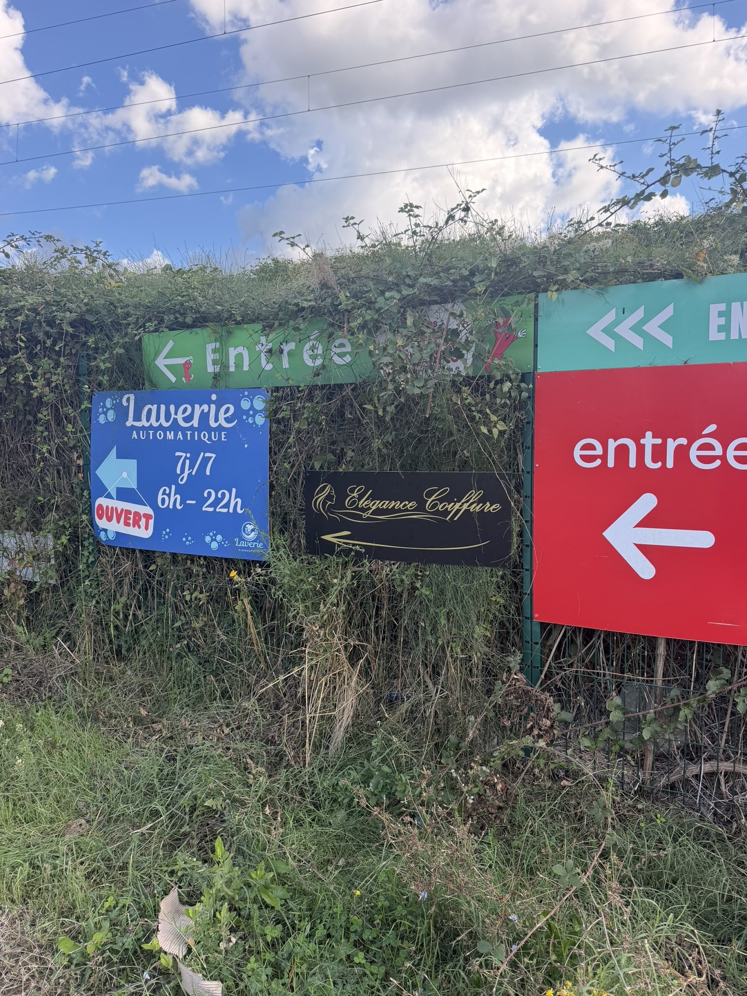 Panneaux directionnels Entrée et panneaux de commerces au bord d'une route