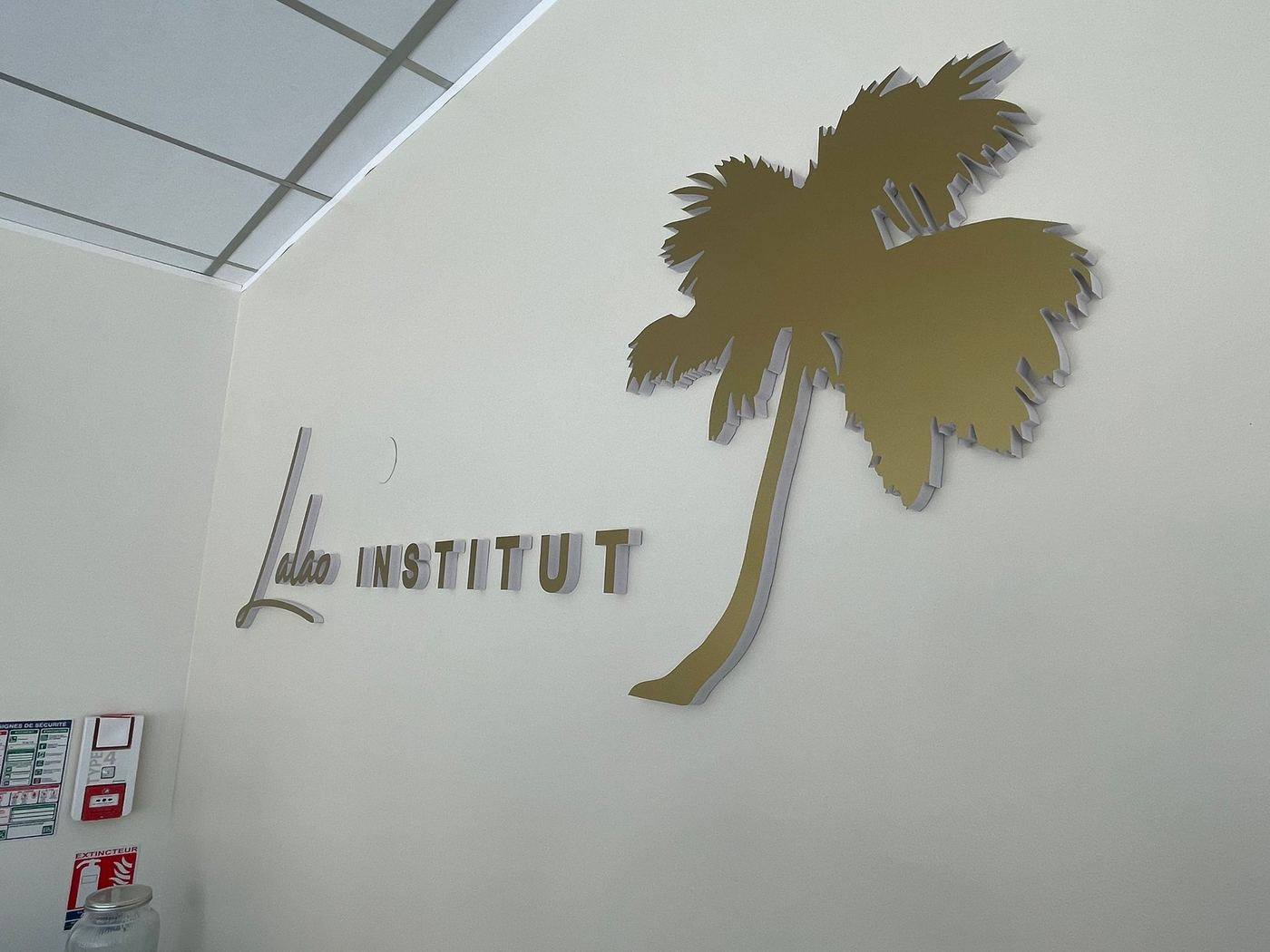 Lettres découpées et logo palmier doré Lalao Institut